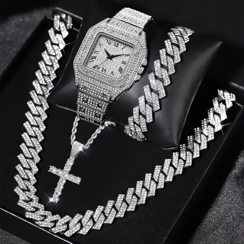 Mystery Jewelry Jar Watches - 4 Parça Moda Buzlu Kare Erkek